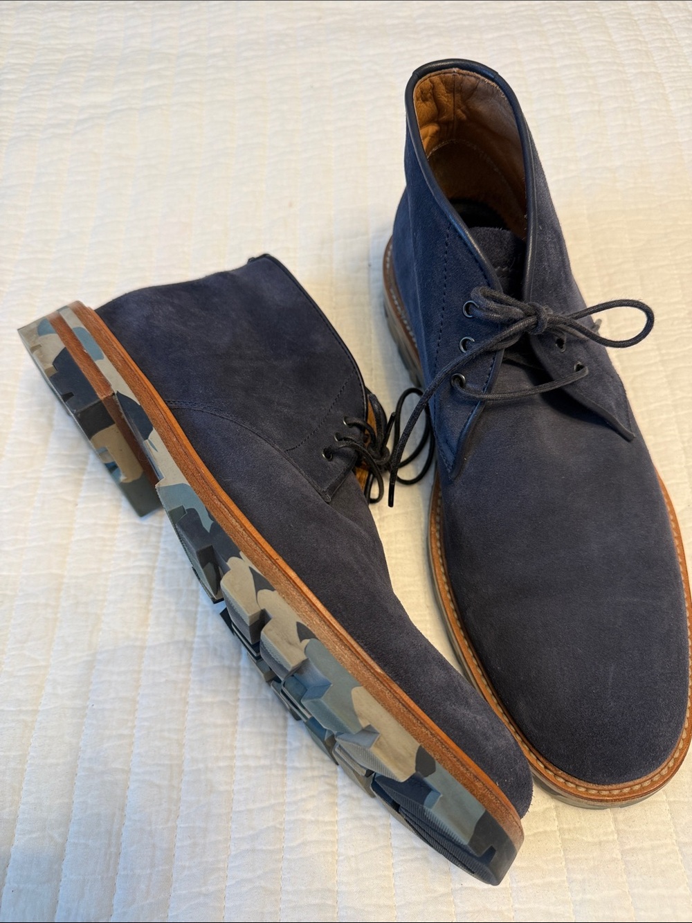 Aquatalia Men's Navy Suede Chukka Boots with Camo Rubber Sole 10.5 US